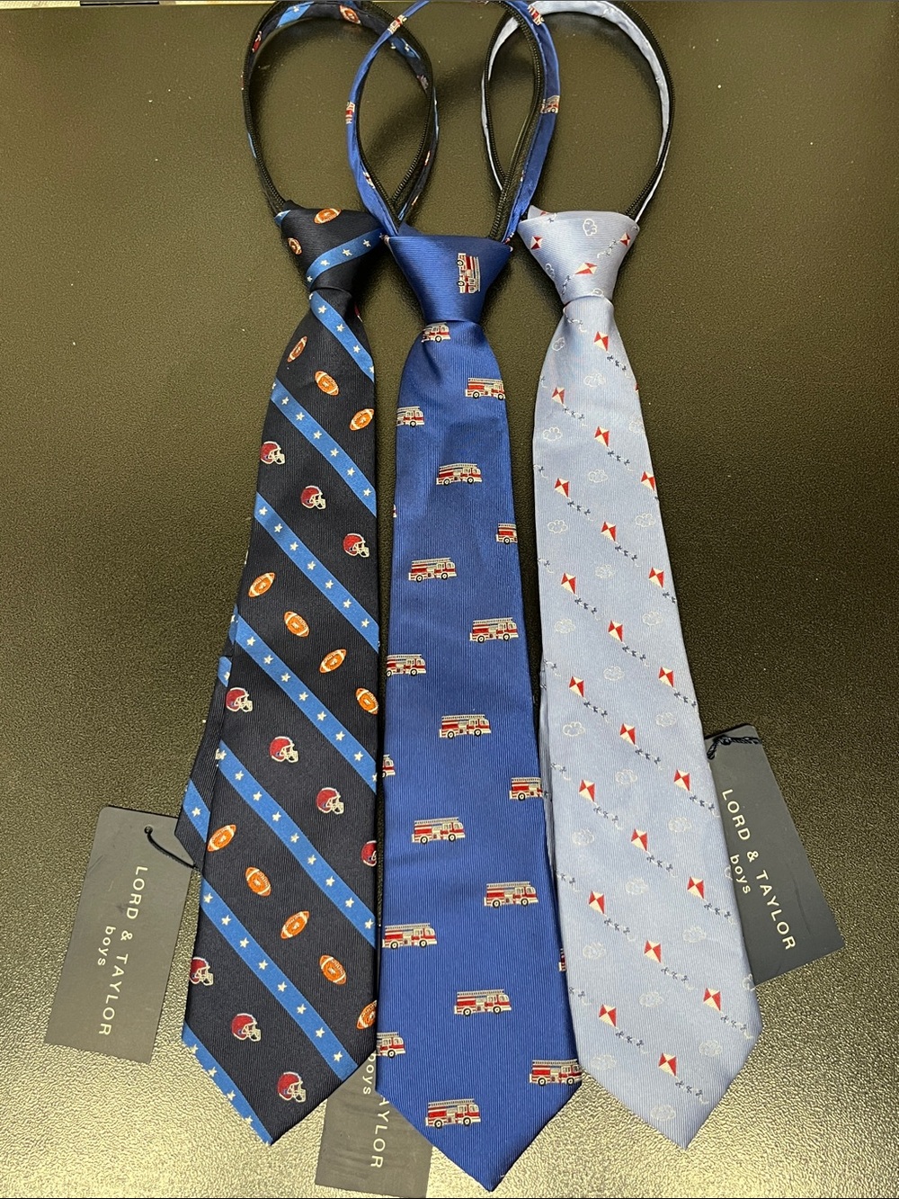 3 NWT Lord & Taylor Boy’s Patterned Silk Ties - Kites, FireTrucks, Football